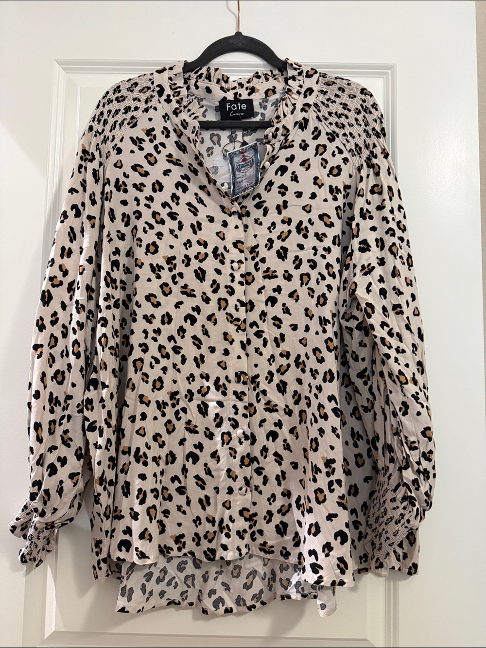 Fate Beige Leopard Print Button-Up Blouse- Smocking at Shoulders/Sleeves